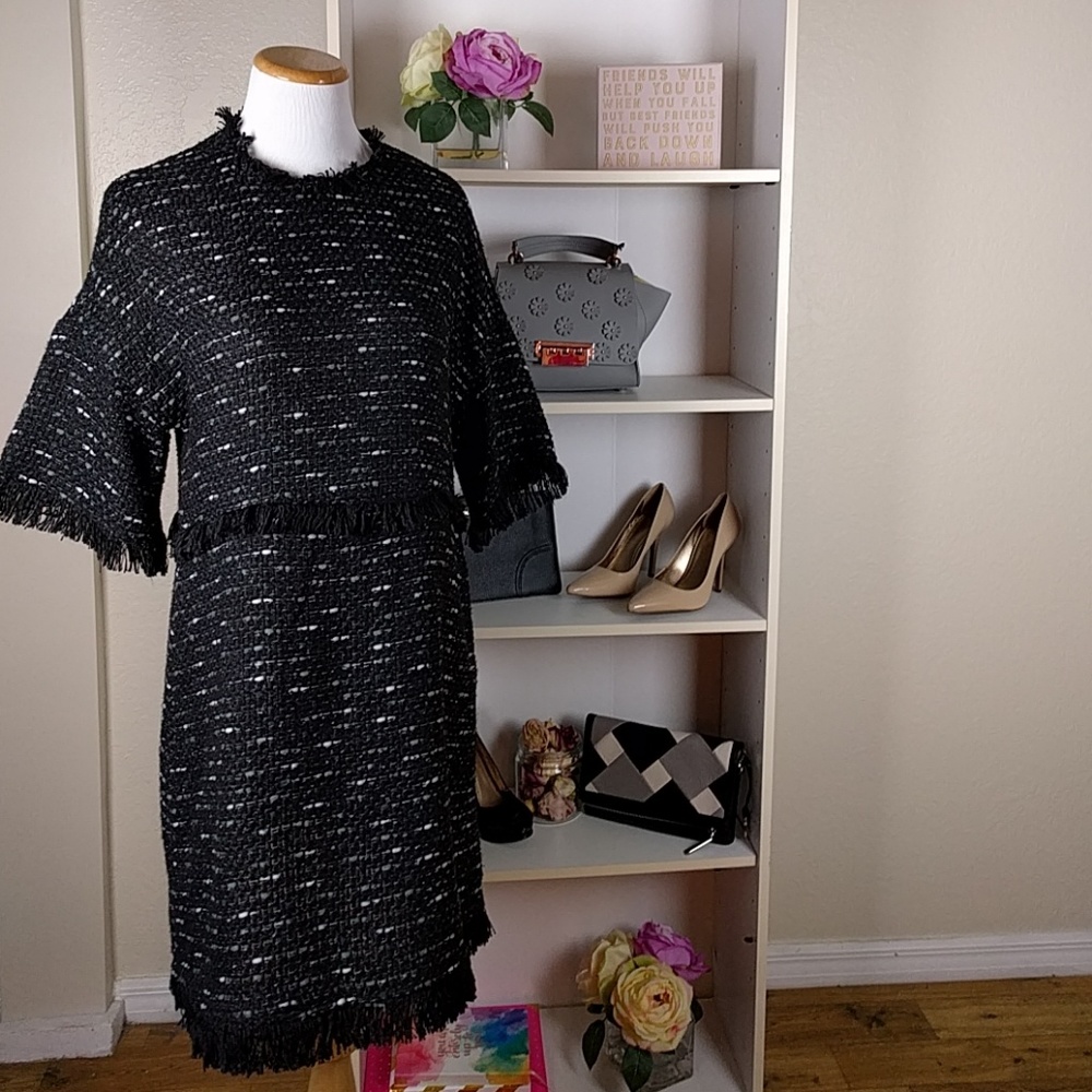 Zara Black and White Tweed Fringe Dress SZM